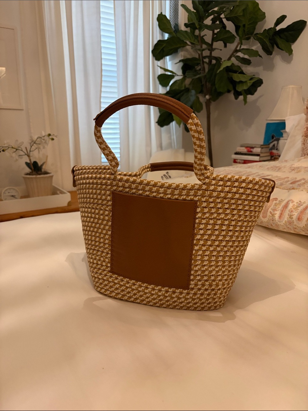 Woven Straw Tote Bag with Brown Leather Pocket
